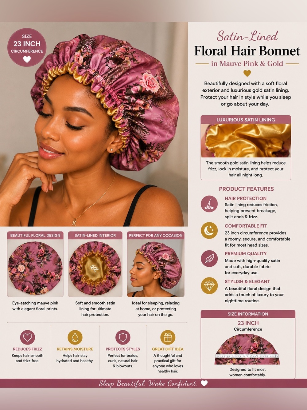 Satin-Lined Floral Hair Bonnet in Mauve Pink and Gold